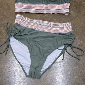 Green High-Waisted Bikini with Striped Waistband